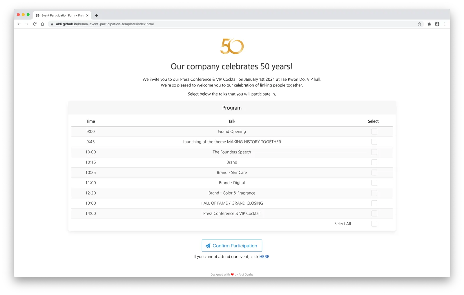 Event Participation template screenshot